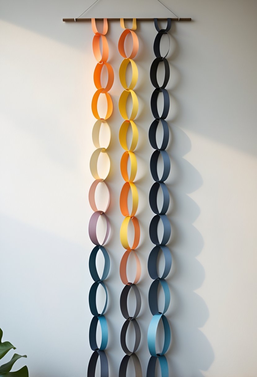 A colorful ombre paper chain wall hanging with 15 loops displayed against a plain wall.