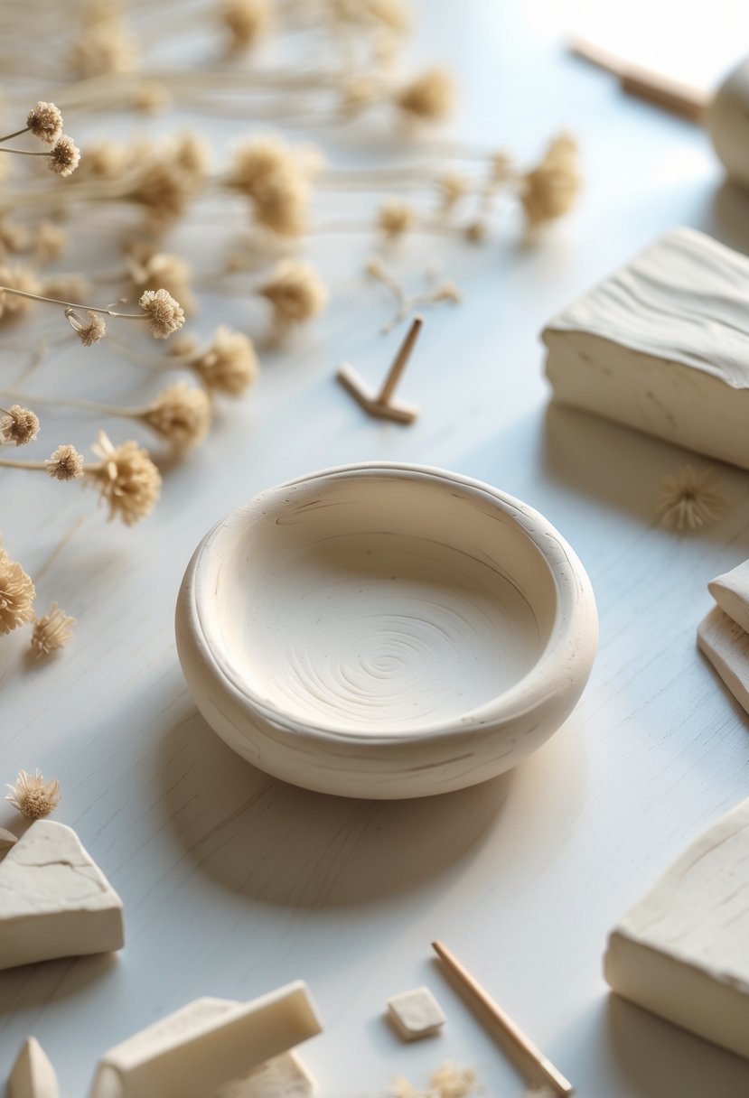 A small handmade clay ring dish on a wooden surface surrounded by crafting tools and dried flowers.