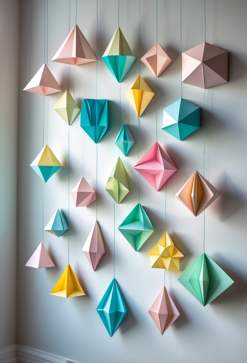 A collection of 15 colorful 3D geometric paper sculptures hanging on a wall at different heights.