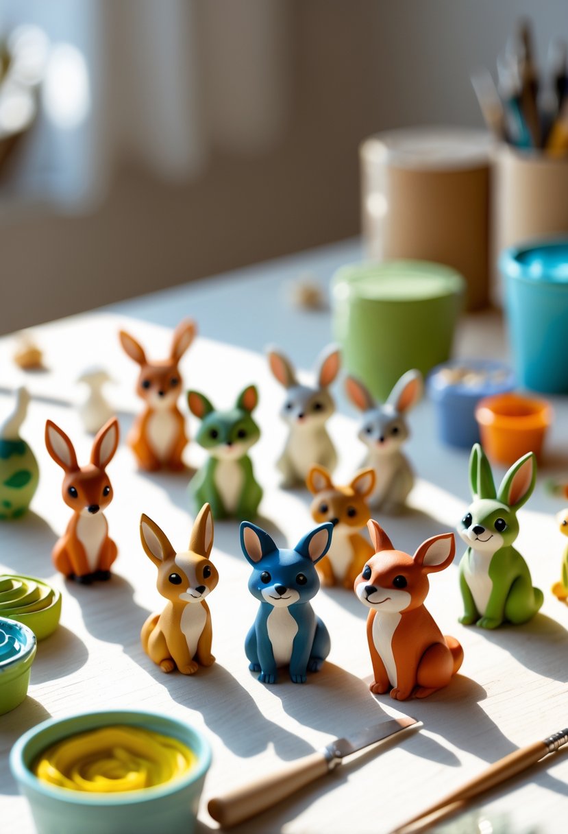 A collection of small colorful animal figurines made from air-dry clay arranged on a wooden surface with crafting tools nearby.