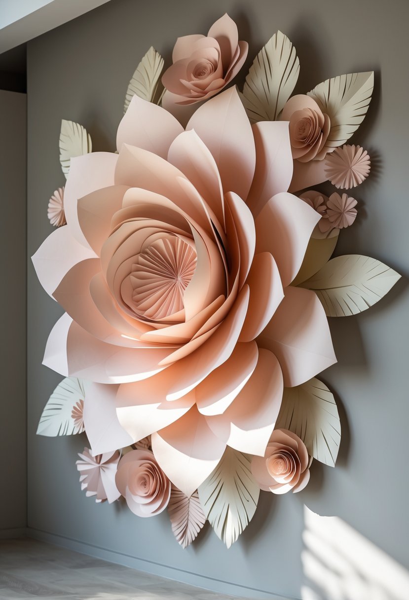 A large paper flower wall hanging with layered petals in soft pastel colors displayed on a plain wall.