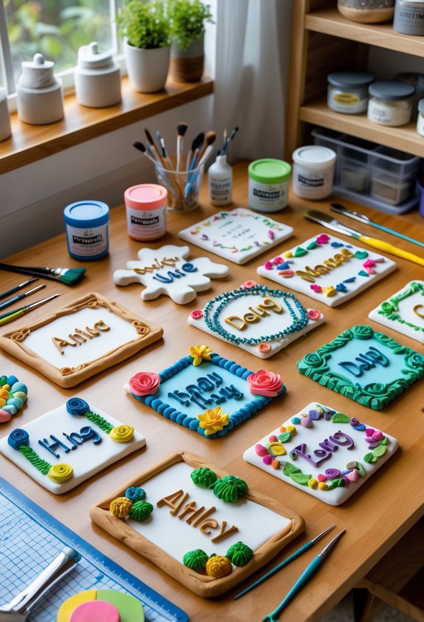 A table displaying several handmade personalized name plaques made from air-dry clay, surrounded by crafting tools and materials in a bright craft room.