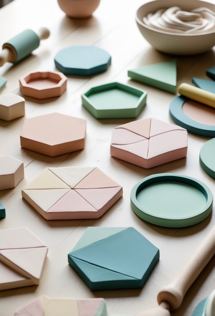A set of colorful geometric clay coasters arranged on a wooden table with crafting tools nearby.
