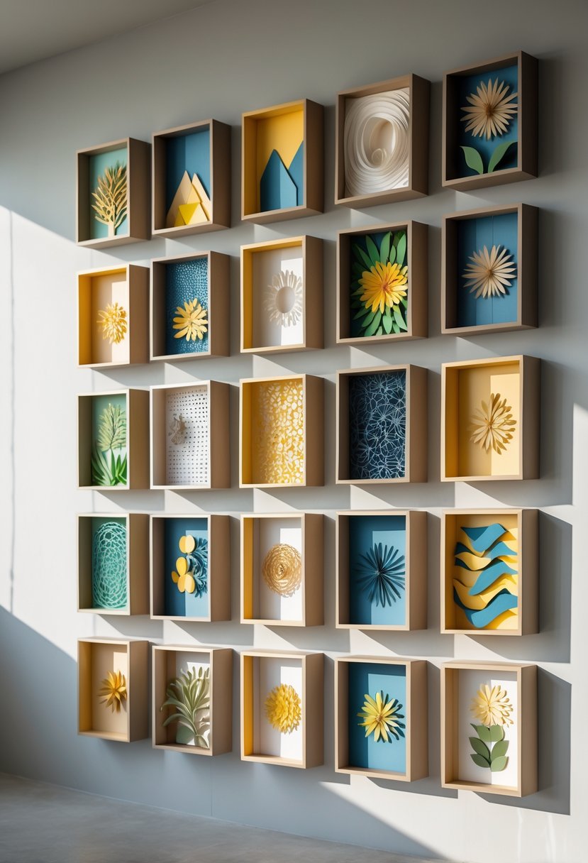 A wall displaying 15 hanging layered paper shadow boxes with various colorful and detailed paper designs arranged in a balanced grid.