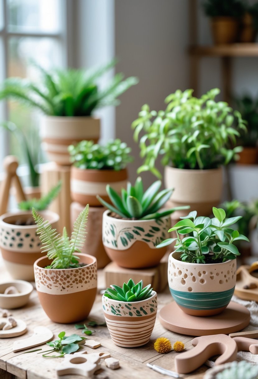 A collection of handmade clay plant pots with green plants arranged on a wooden table in a bright room.