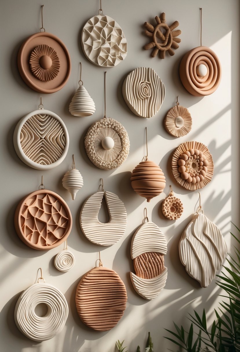 A display of multiple textured air-dry clay wall hangings arranged on a wall.