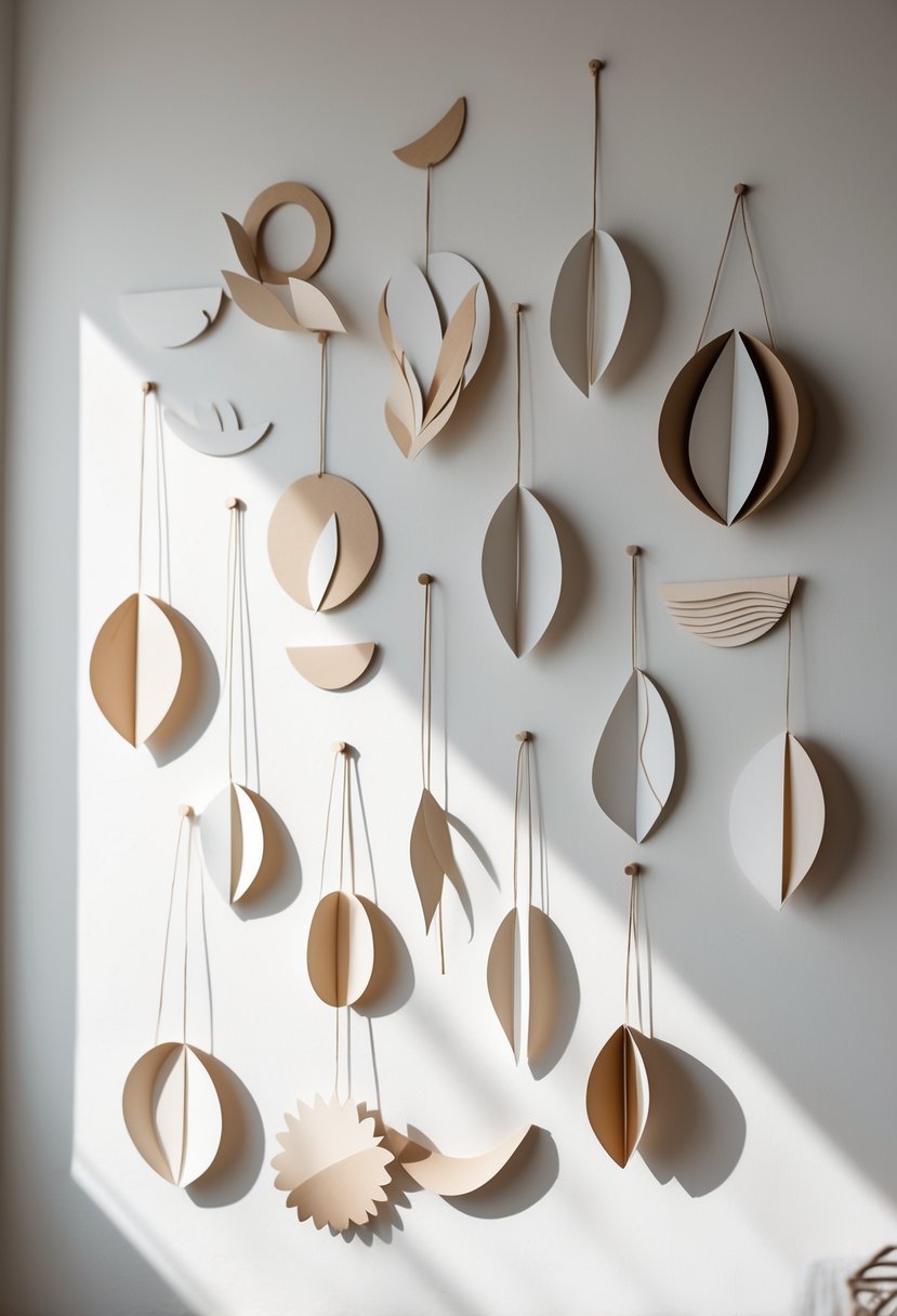 A white wall with 15 hanging paper cutout wall art pieces in various shapes and neutral colors arranged neatly.
