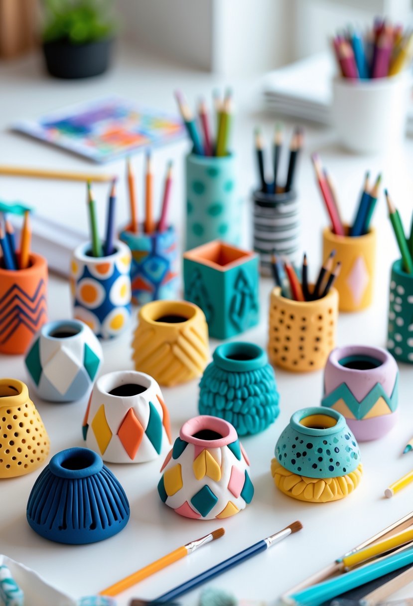 A collection of colorful decorative pencil holders made from air-dry clay arranged on a desk with art supplies nearby.