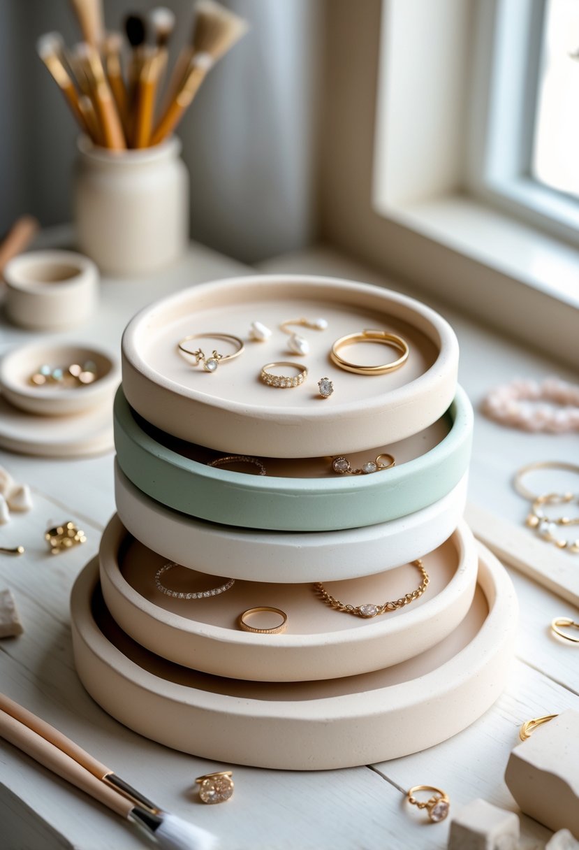 Stackable air-dry clay jewelry trays holding rings and earrings on a wooden surface with crafting materials nearby.