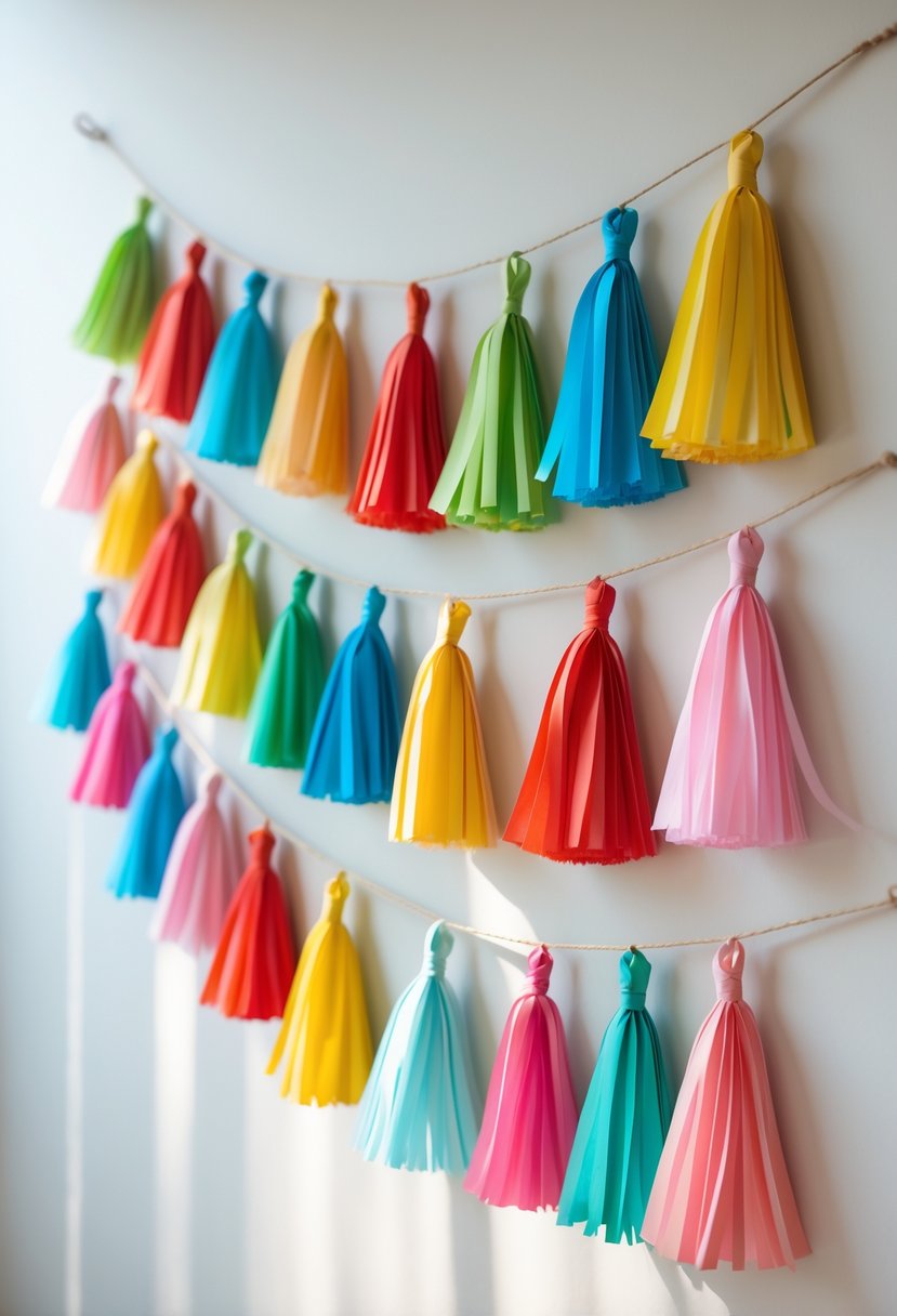 A colorful paper tassel garland with 15 tassels hanging on a string against a plain background.