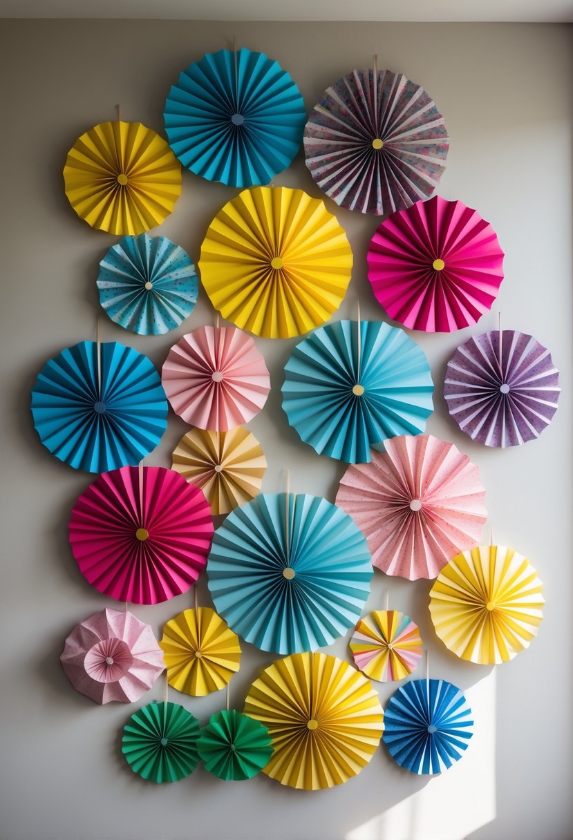 A wall decorated with 15 colorful paper fan hangings arranged in a visually pleasing pattern.