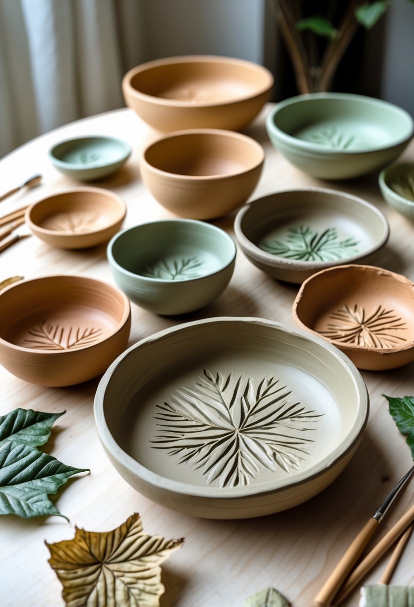 A collection of handmade clay bowls with leaf imprints arranged on a wooden surface, surrounded by crafting tools and dried leaves.