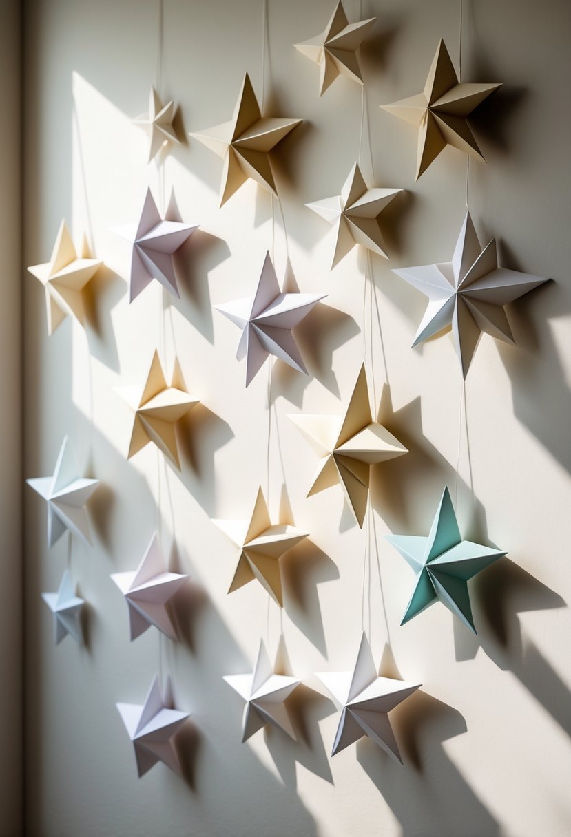 A wall decorated with fifteen hanging folded paper stars of various sizes and light colors.