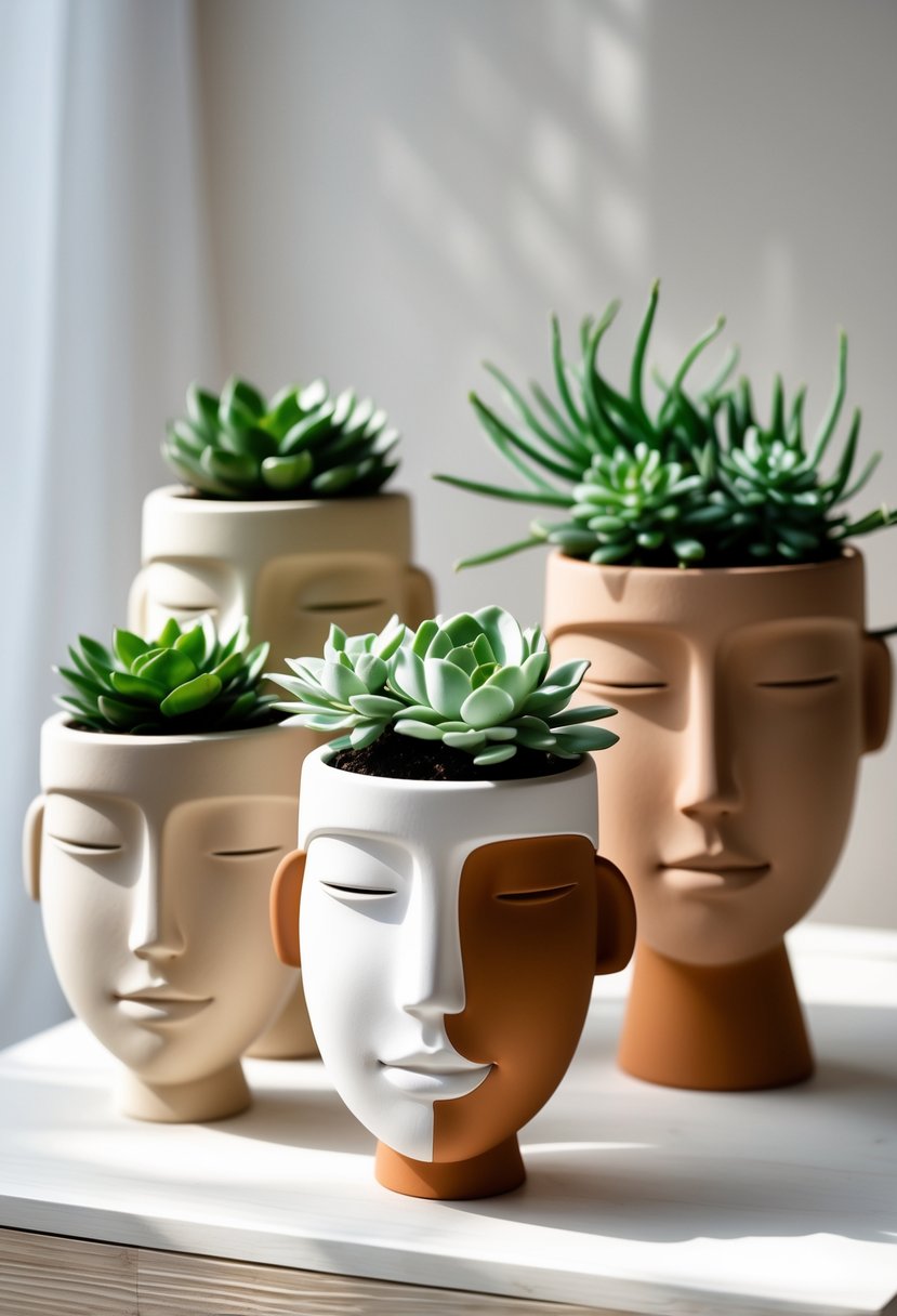 A collection of abstract face-shaped clay planters holding green plants arranged on a wooden surface.