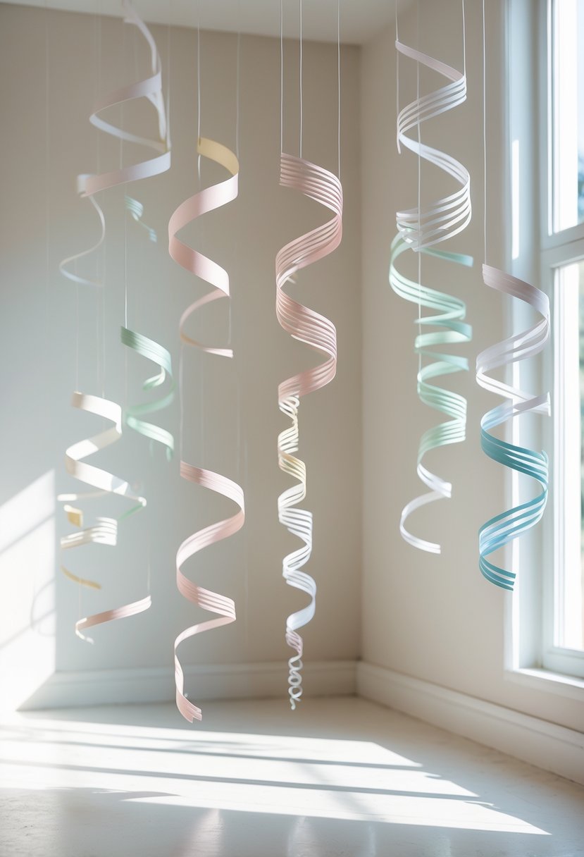 A collection of 15 colorful paper spiral mobiles hanging indoors against a plain wall, arranged in varying sizes and lengths.