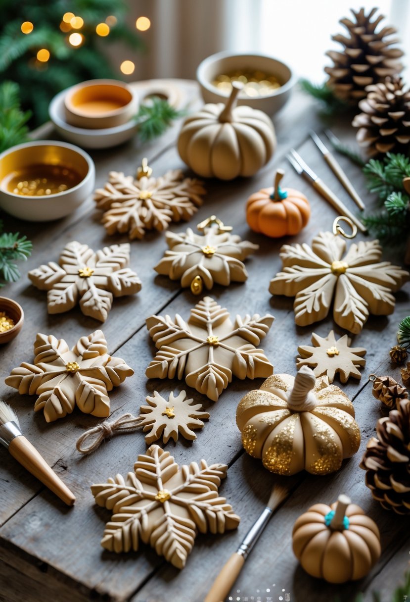 A collection of handmade seasonal clay ornaments arranged on a wooden table with crafting tools and paint supplies nearby.