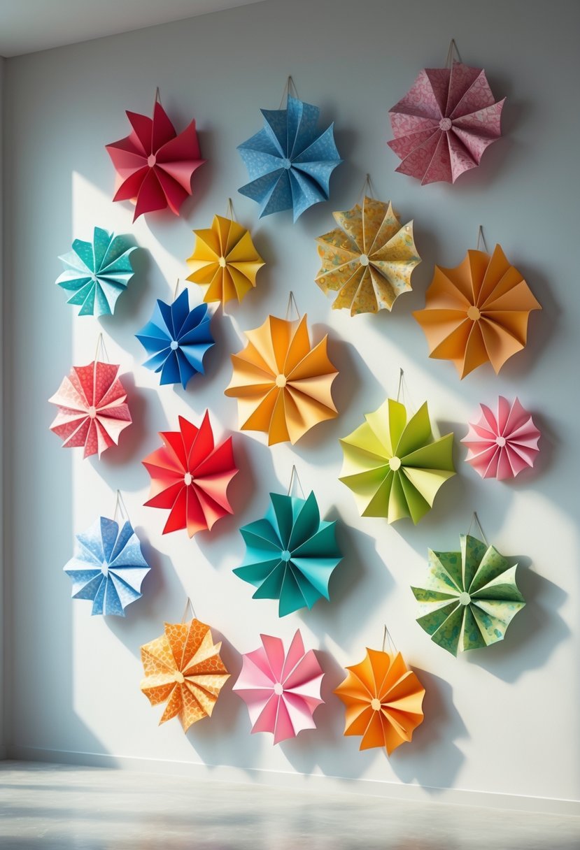 A wall decorated with 15 colorful paper pinwheel crafts arranged in a visually pleasing pattern.
