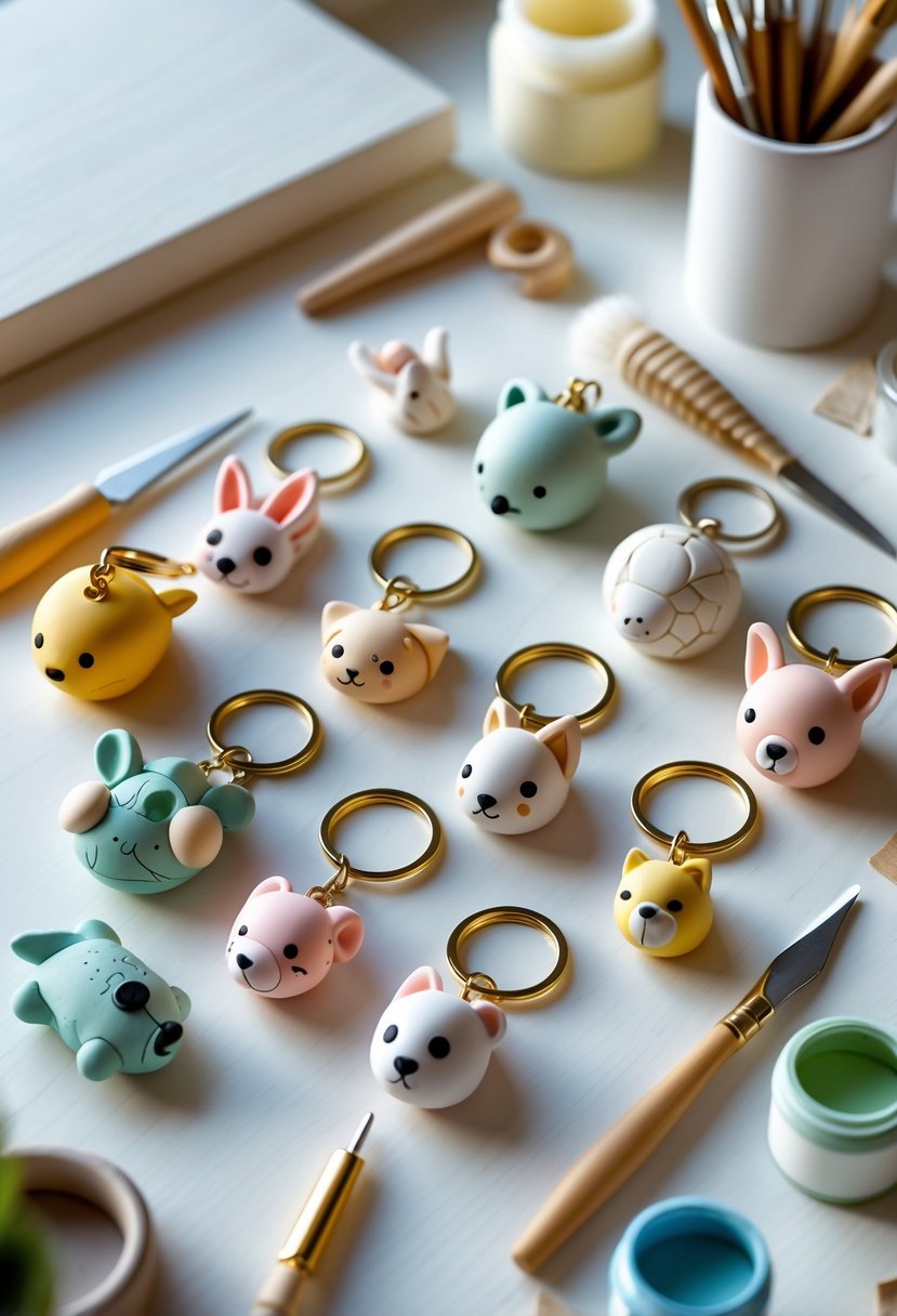 A collection of colorful handcrafted clay keychains arranged on a wooden surface with crafting tools nearby.