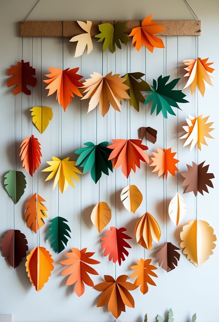 A collection of 15 multilayered paper leaves hanging on a wall in various autumn colors.