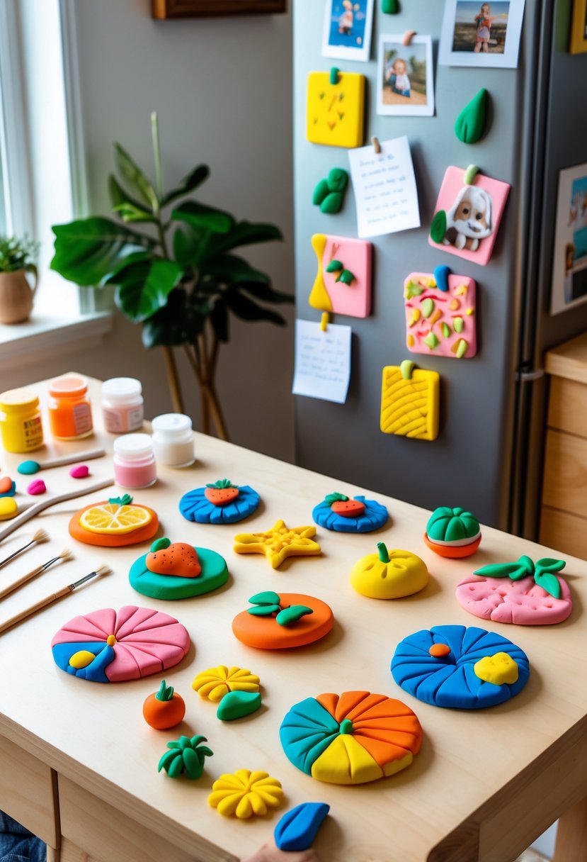 A workspace with colorful handmade fridge magnets made from air-dry clay displayed on a table and attached to a refrigerator door.