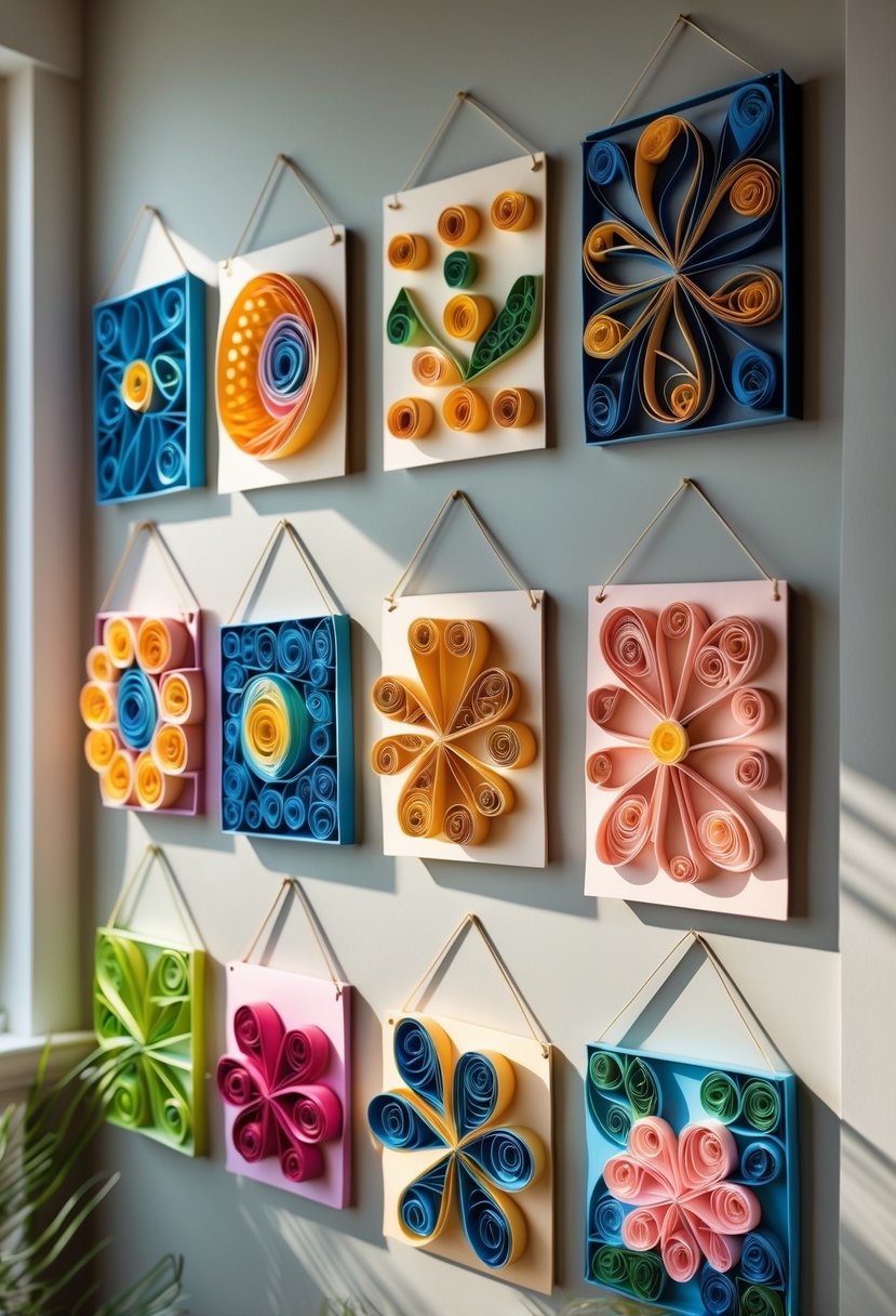A wall displaying 15 hanging paper quilling panels with colorful and intricate designs arranged in a grid.