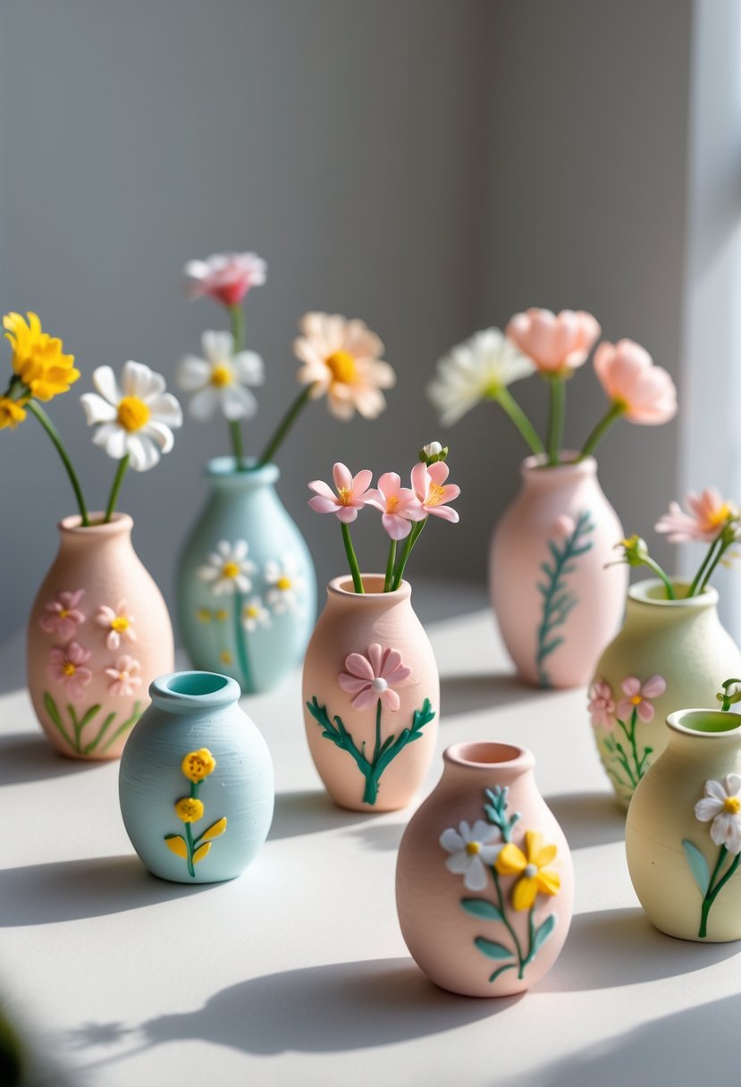 A group of small clay vases decorated with floral patterns arranged on a plain surface.