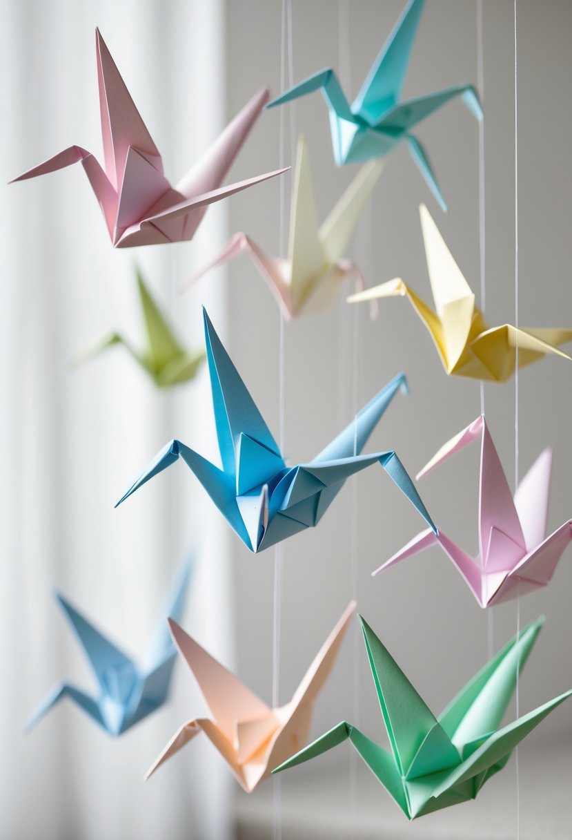 Fifteen colorful paper origami cranes hanging from strings against a neutral background.