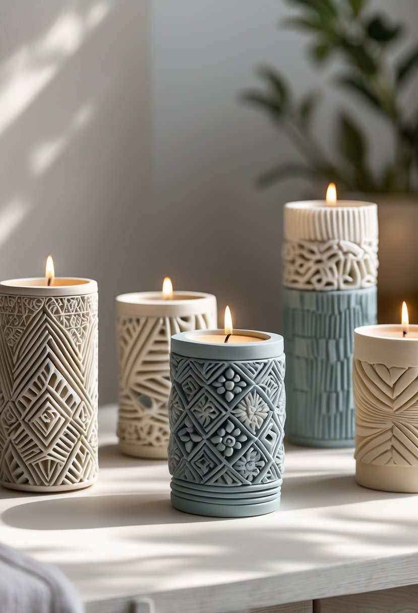 A group of patterned air-dry clay candle holders arranged on a neutral surface with soft lighting.