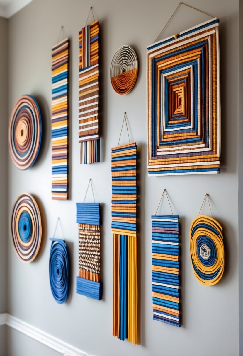 A wall displaying 15 hanging striped paper weaving art pieces in different shapes and colors arranged neatly.