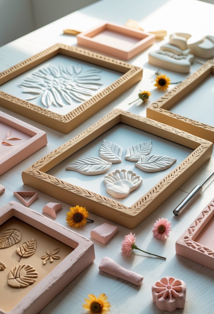 A collection of handmade air-dry clay photo frames with imprinted designs displayed on a wooden surface alongside crafting tools and materials.