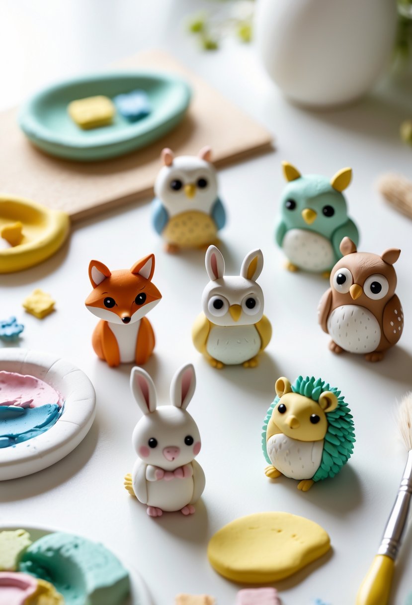 A close-up of colorful handmade animal magnets made from air-dry clay arranged on a white surface with crafting tools nearby.
