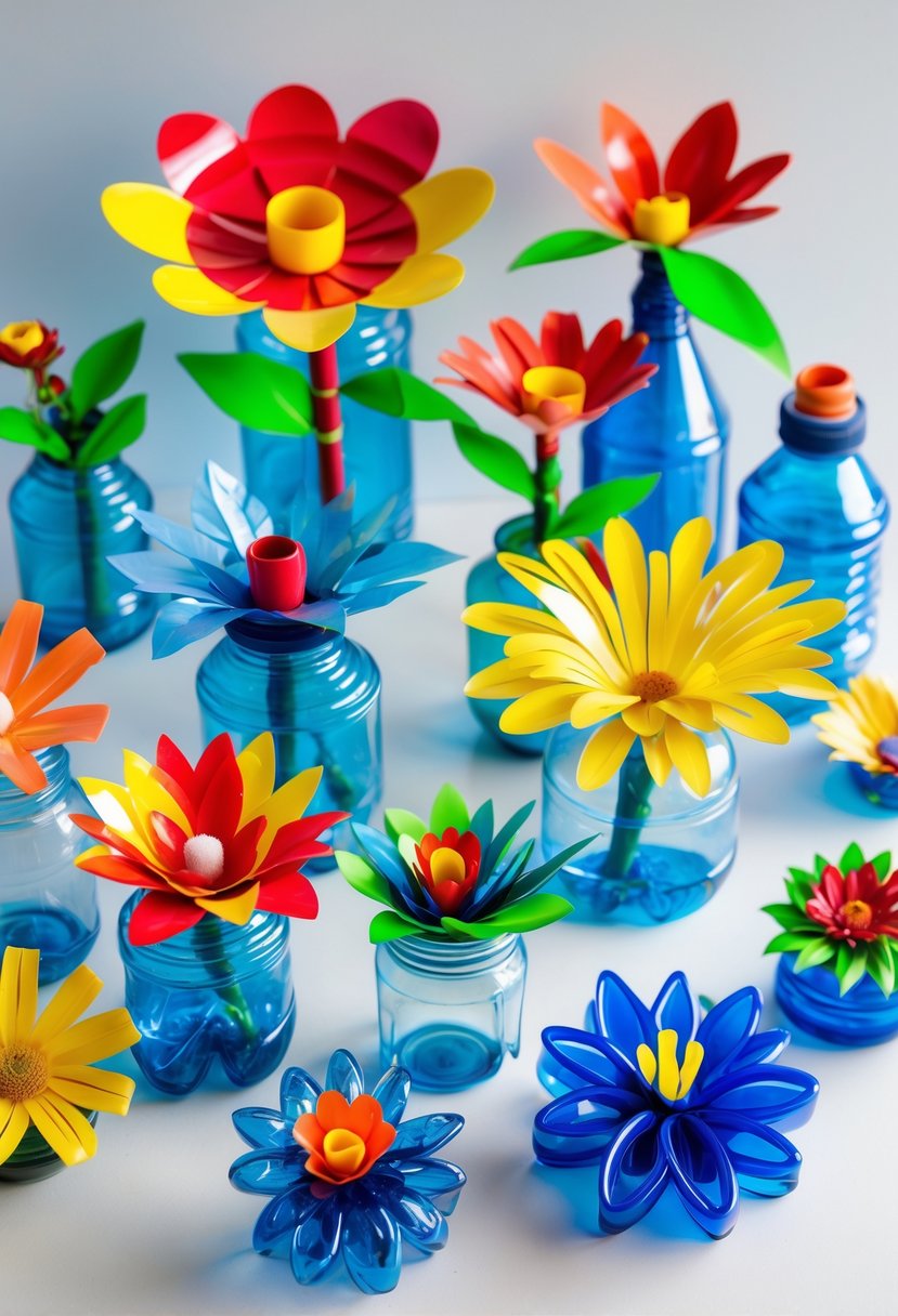 Colorful flower decorations made from repurposed plastic bottles arranged on a neutral surface.
