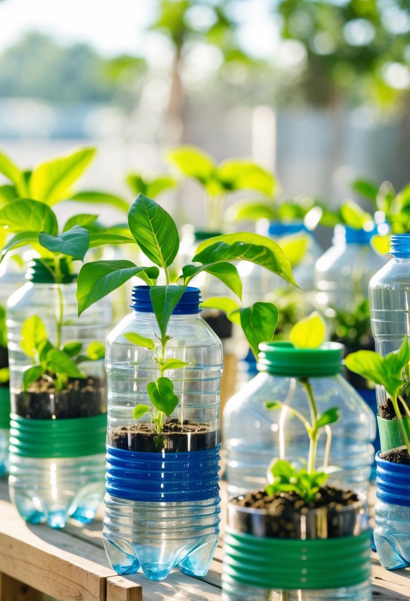 Several self-watering planters made from recycled plastic bottles with green plants growing inside, arranged on a wooden surface.