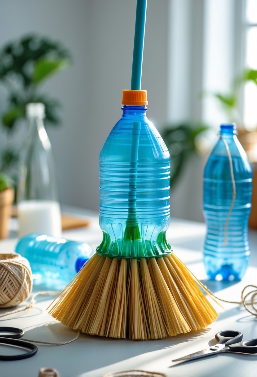 A plastic bottle repurposed into a broom displayed on a table with crafting materials around it.