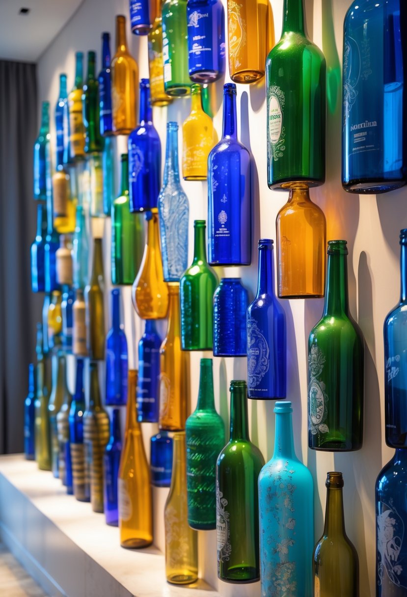 A decorative wall art made from various colorful repurposed bottles arranged in an artistic pattern.