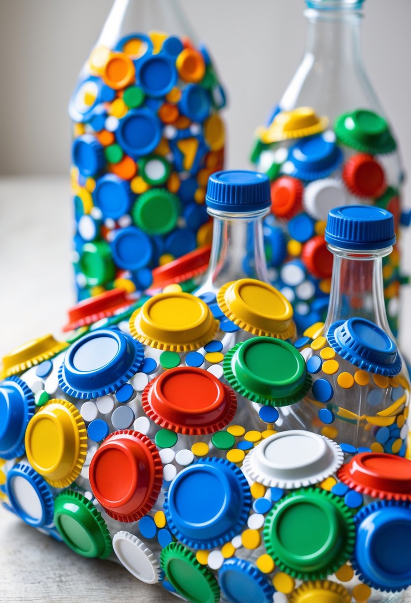 Close-up of plastic bottles decorated with colorful bottle cap mosaics arranged in geometric patterns.