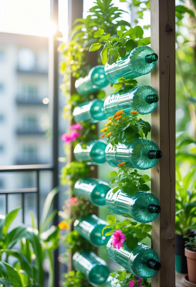 Vertical garden made from repurposed plastic bottles filled with green plants and flowers arranged outdoors on a balcony or backyard.