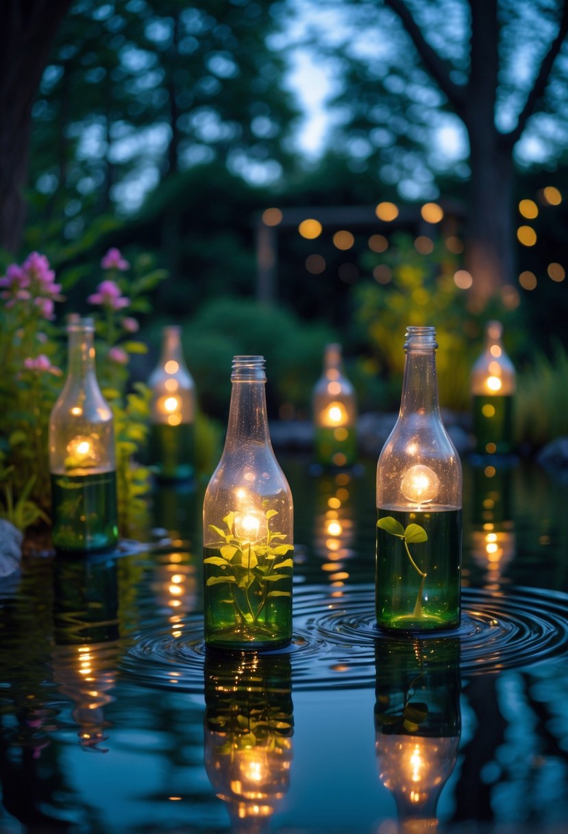 Glass bottles with glowing lights floating on a pond surrounded by plants and flowers at dusk.