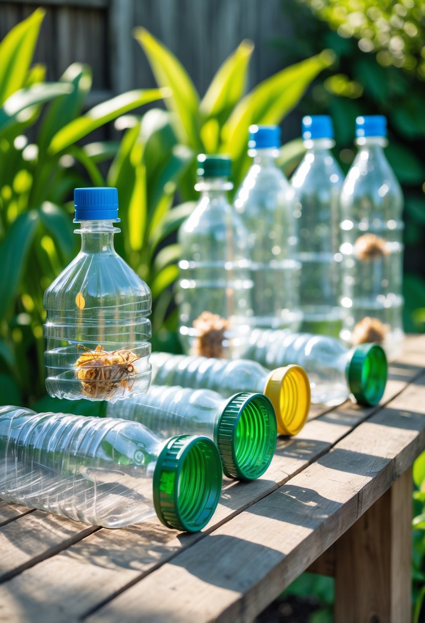 Several plastic bottles repurposed as insect traps displayed on a wooden table outdoors with green plants in the background.