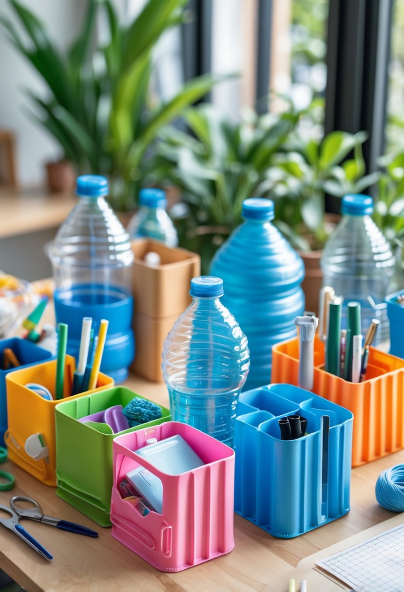 A collection of colorful storage containers made from repurposed plastic bottles arranged on a wooden table with crafting materials and plants nearby.