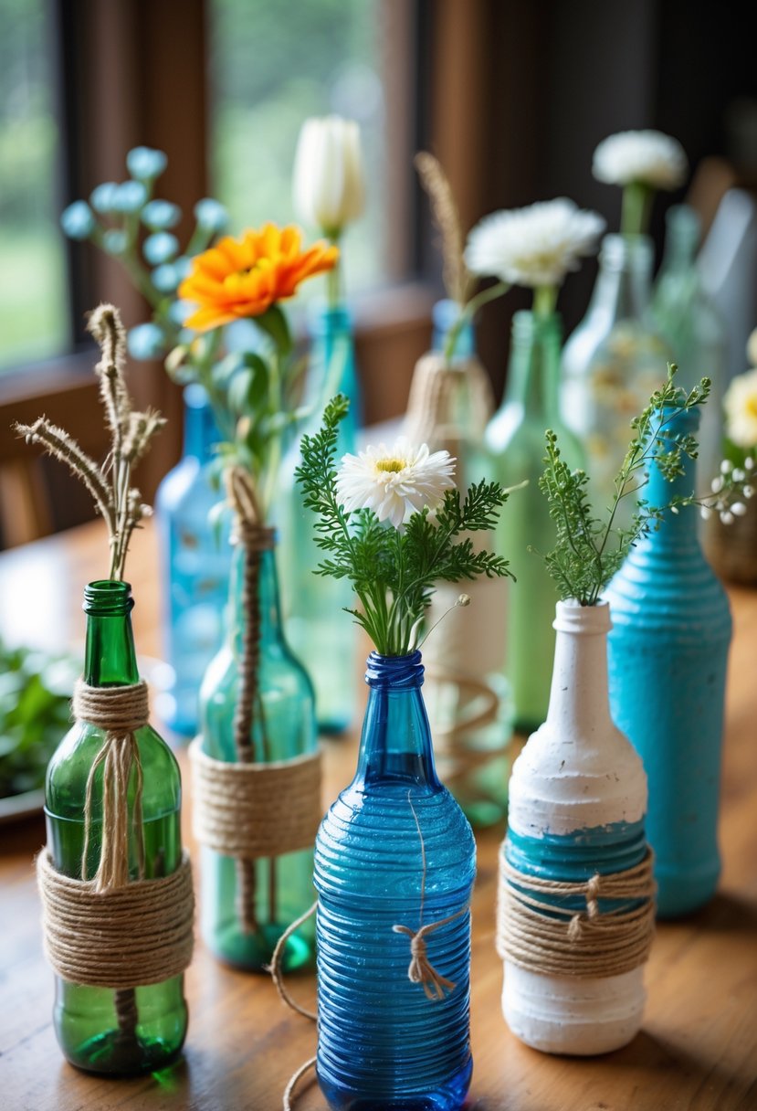 A variety of decorated bottle vases used as centerpieces on a wooden table, each holding flowers and greenery.