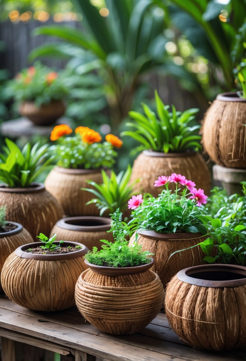A collection of 15 coconut husk flower pots with green plants and colorful flowers arranged on a wooden table.