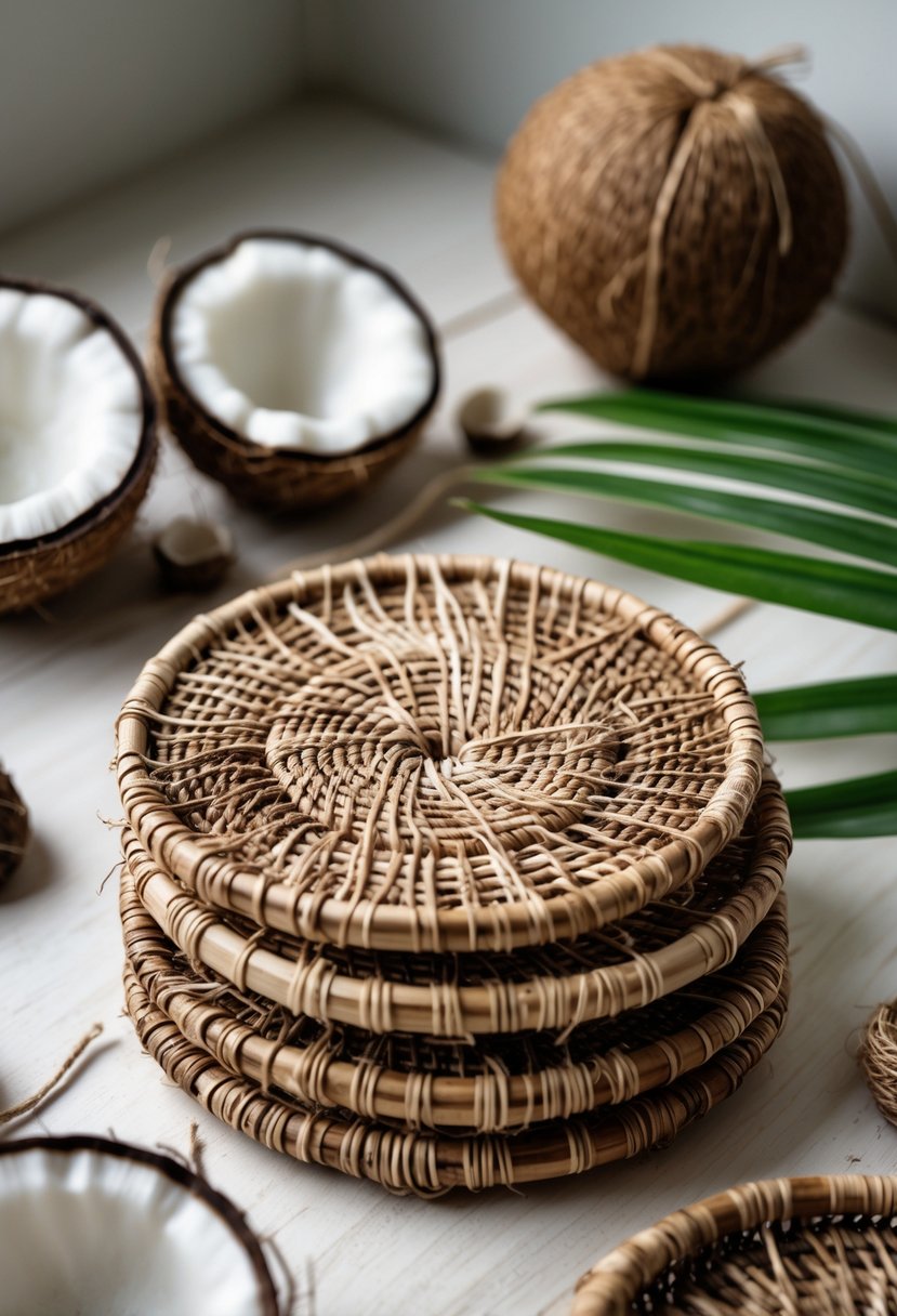 A set of handwoven coconut husk coasters displayed on a wooden surface with natural materials around them.
