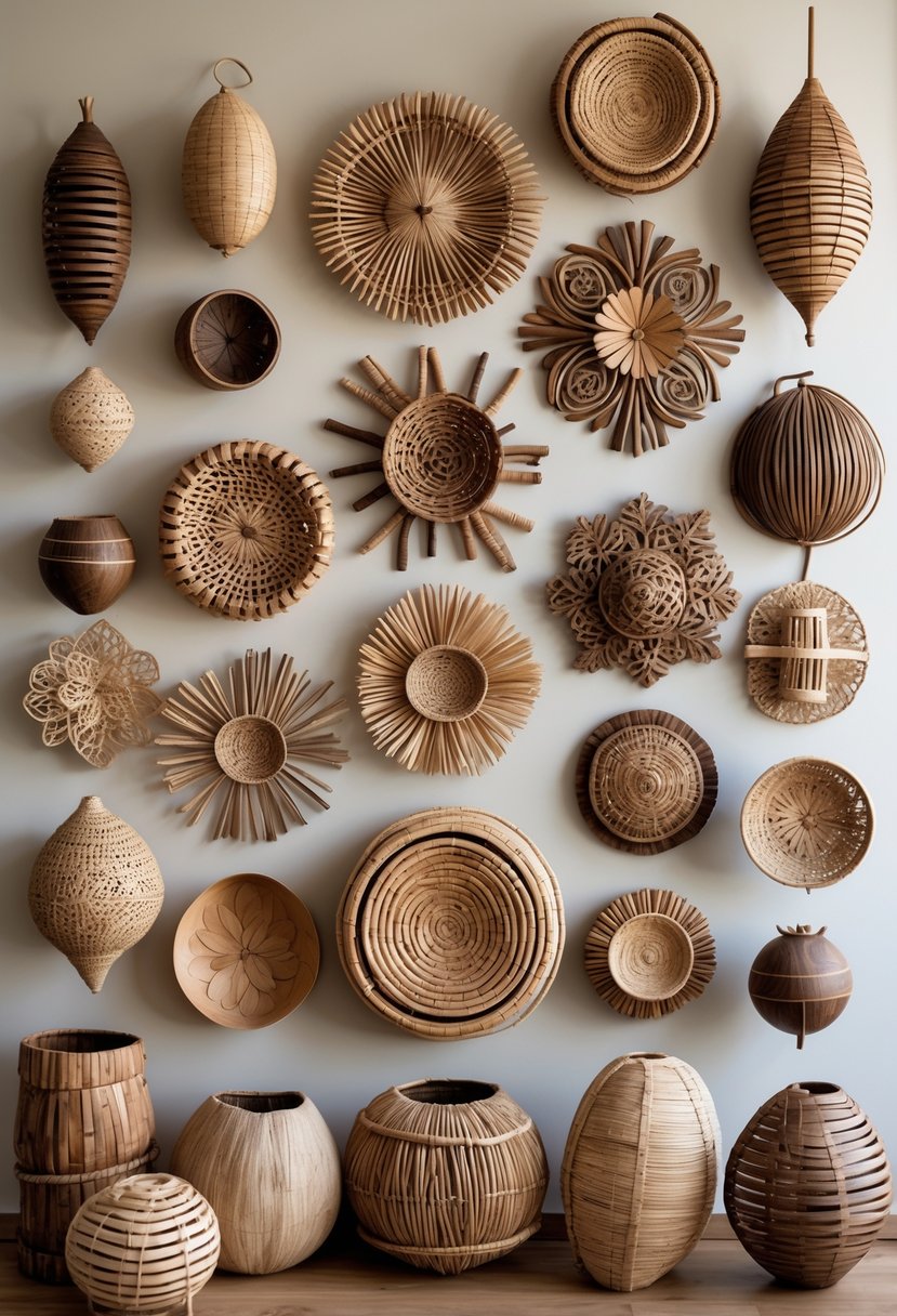 A wall displaying 15 different decorative art pieces made from coconut husks, arranged neatly and showcasing various natural textures and shapes.