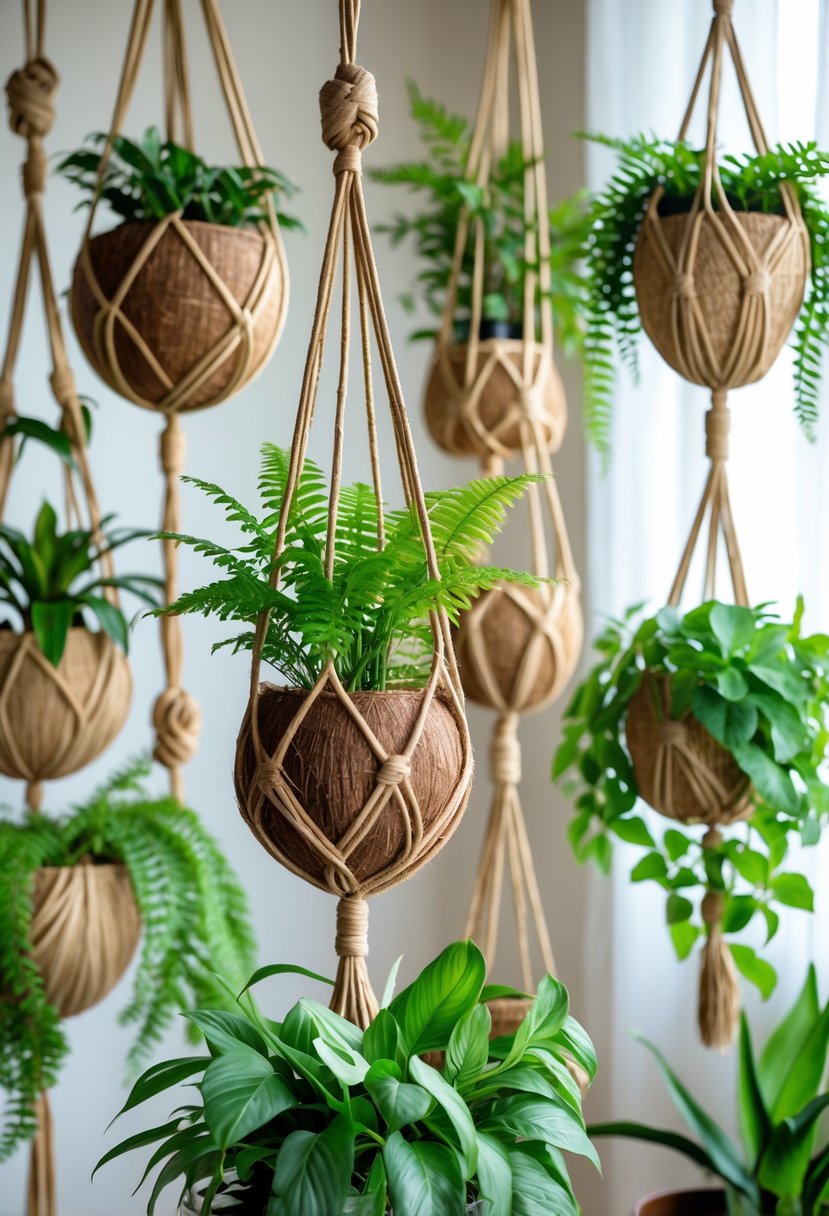 A collection of 15 different plant hangers made from natural coconut husk fibers, each holding a green indoor plant.