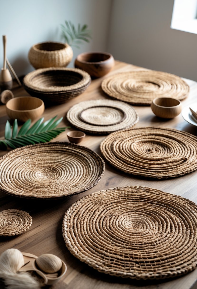 A collection of various handcrafted coconut husk table mats arranged on a wooden surface with natural props around them.
