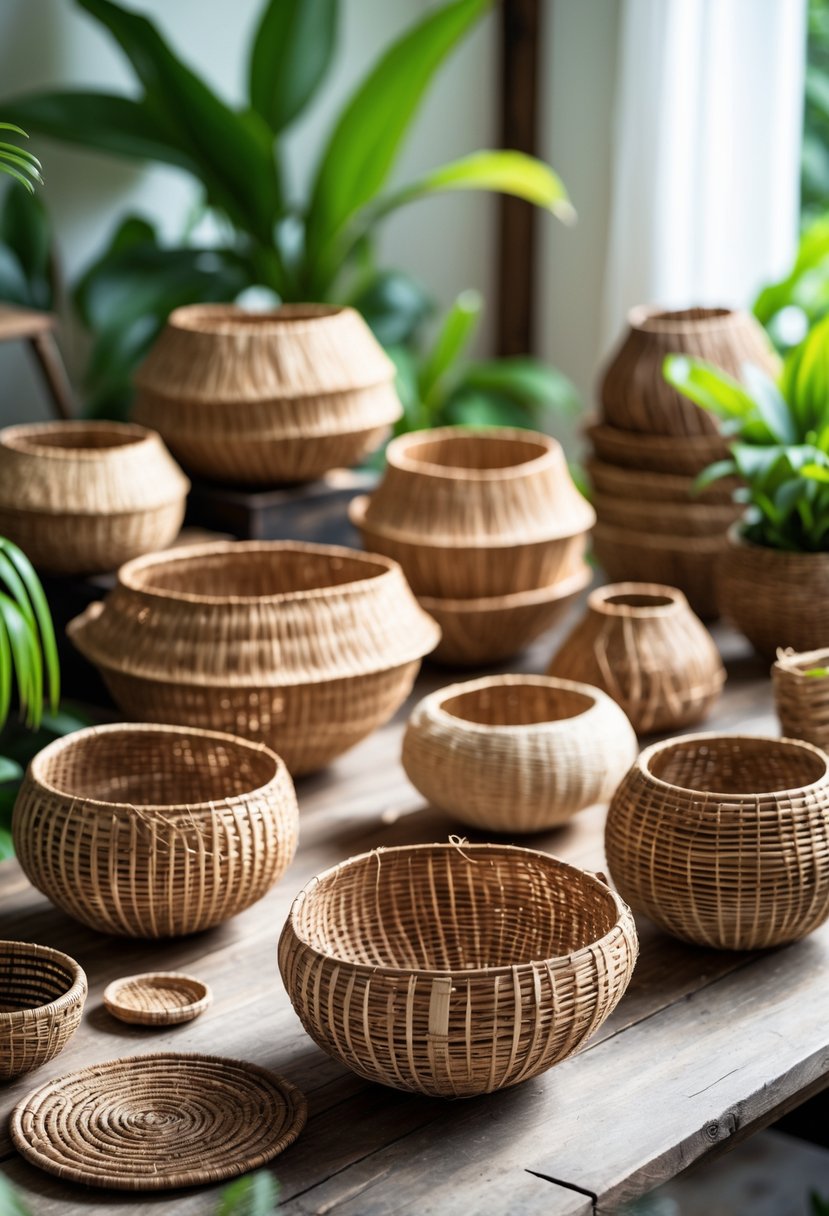 A collection of handmade coconut husk baskets and craft items displayed on a wooden surface with green plants in the background.