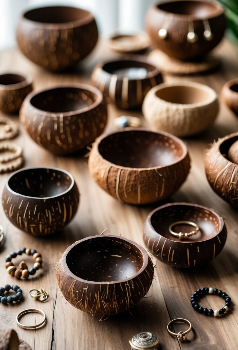 A collection of handcrafted coconut husk jewelry holders displayed with various pieces of jewelry on a wooden surface.