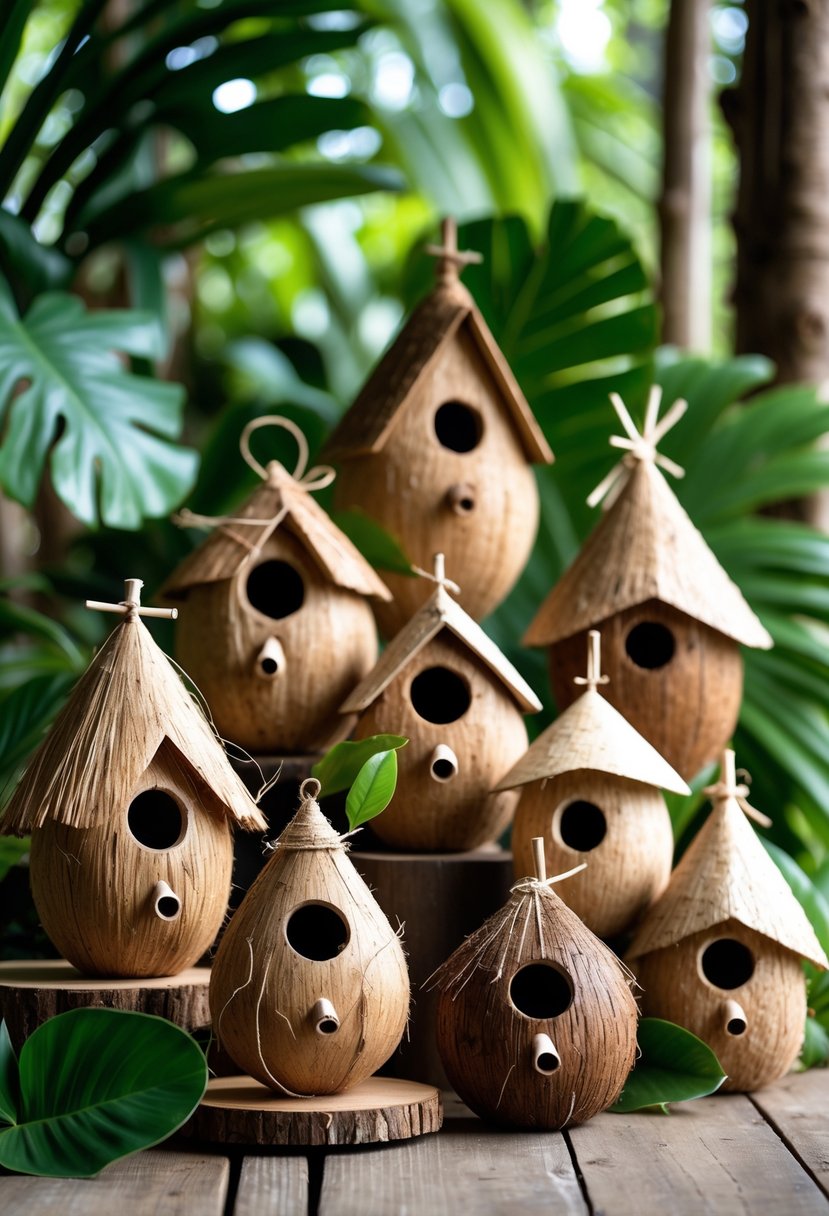 A group of 15 birdhouses made from coconut husks arranged on a wooden surface with tropical plants around them.