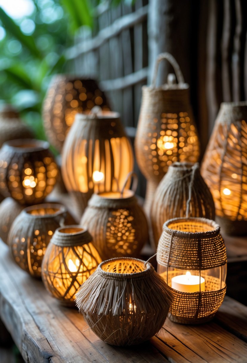 A group of 15 coconut husk lanterns with warm light glowing inside, arranged on a wooden surface with natural background elements.